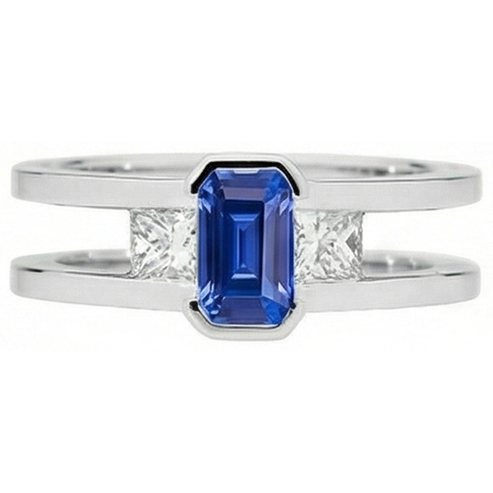 Princess Natural Earth Mined Diamond 3 Stone Emerald Sapphire Ring Split Shank 1.25 Carats