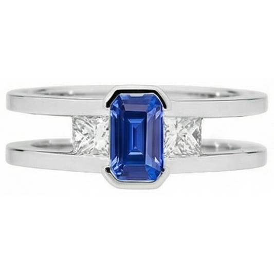 Princess Natural Earth Mined Diamond 3 Stone Emerald Sapphire Ring Split Shank 1.25 Carats