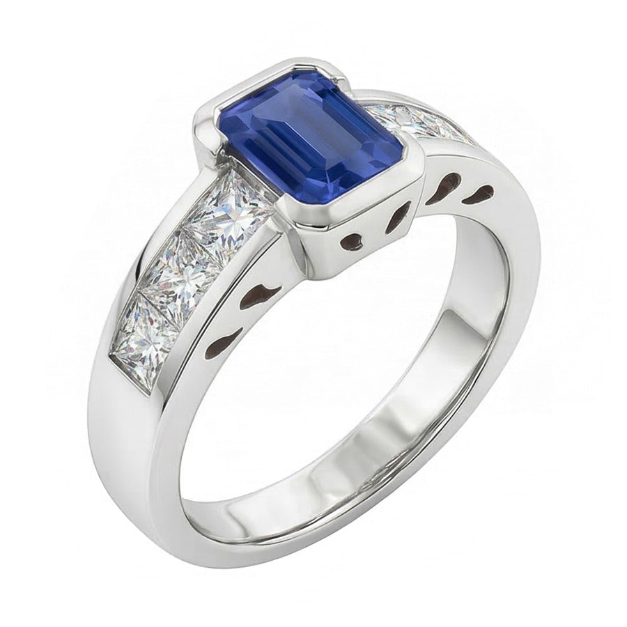 Princess Natural Earth Mined Diamond Ring Gold Bar Set 2.50 Carats Emerald Ceylon Sapphire