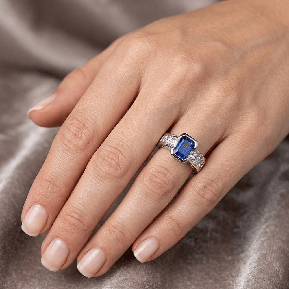 Princess Natural Earth Mined Diamond Ring Gold Bar Set 2.50 Carats Emerald Ceylon Sapphire