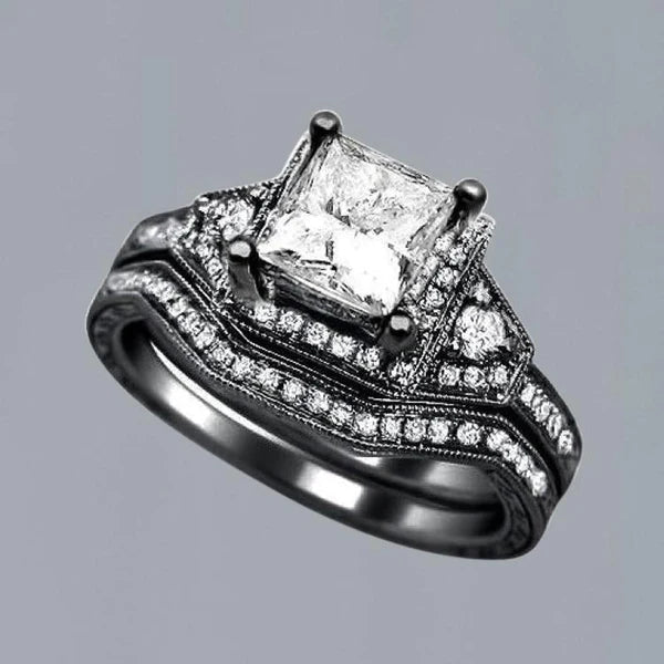 Princess Real Diamond Engagement Ring & Band Set 2.50 Carat Black Gold 14K