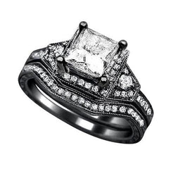 Princess Real Diamond Engagement Ring & Band Set 2.50 Carat Black Gold 14K