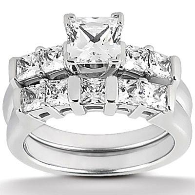 Princess Real Diamond Engagement Ring Set 2.11 Carats White Gold 14K