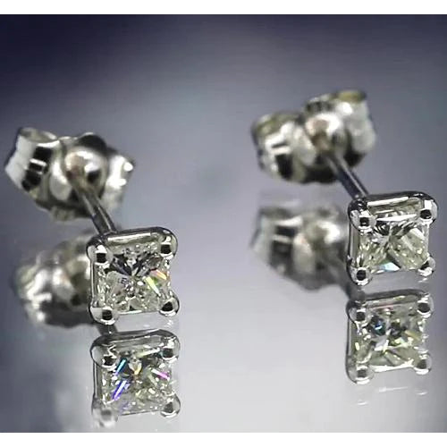 Princess Real Diamond Stud 1.20 Carats Earring Four Prong Set White Gold