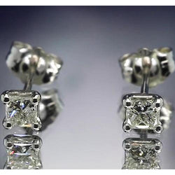 Princess Real Diamond Stud 1.20 Carats Earring Four Prong Set White Gold