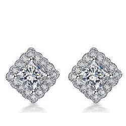 Princess & Round Cut 2.32 Ct Real Diamond Stud Earrings Halo White Gold 14K