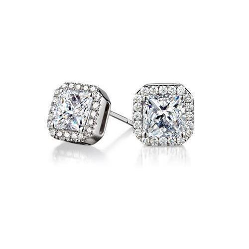 Princess & Round Cut 2.9 Carats Real Diamond Halo Lady Stud Earrings