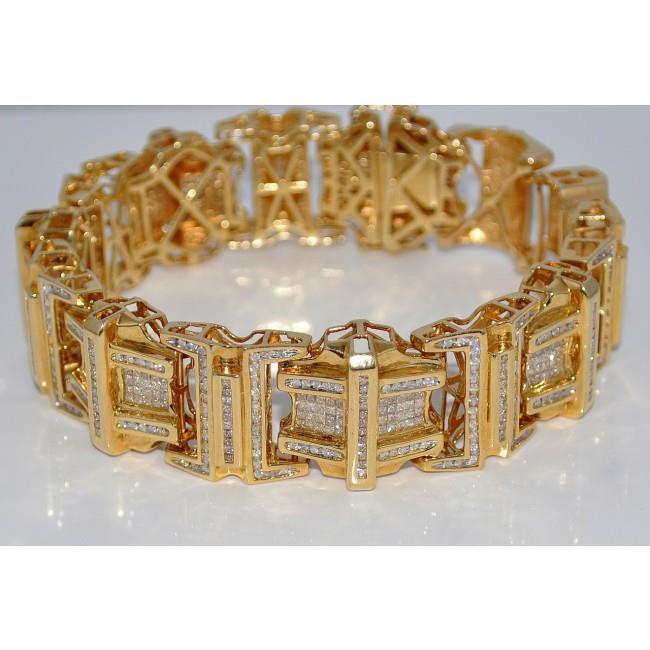 Princess & Round Genuine 9 Carats Diamond Men's Bracelet Yellow Gold 14K