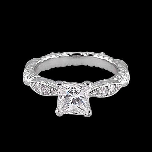 Princess & Round Genuine Diamond Engagement Ring 1.50 Carats White Gold 14K