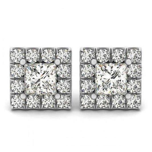 Princess & Round Real Diamond 2.50 Carat Stud Halo Earring White Gold 14K