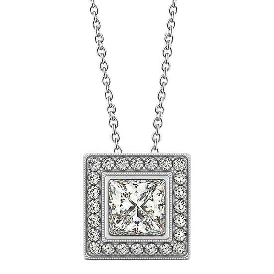 Princess Round Real Diamond Pendant Necklace Without Chain 1.50 Ct. WG 14K