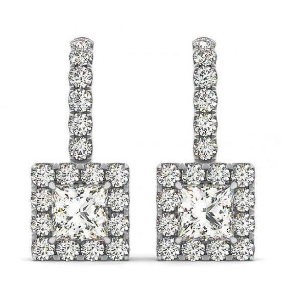 Princess & Round Real Diamonds 2.20 Carats Dangle Earrings White Gold 14K