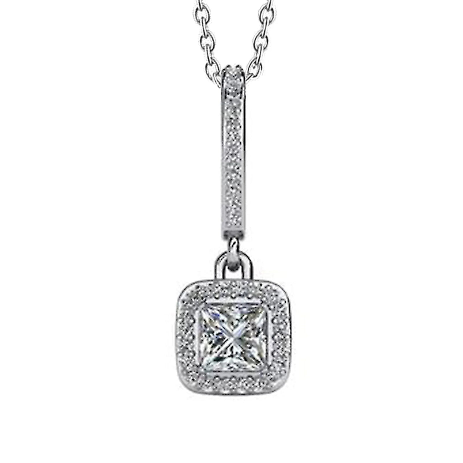 Princess & Round Shape Real 5 Carats Diamonds Drop Pendant Necklace WG 14K