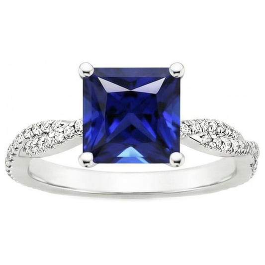 Princess Solitaire Accents Ring Ceylon Sapphire & Natural Earth Mined Diamonds 6 Carats