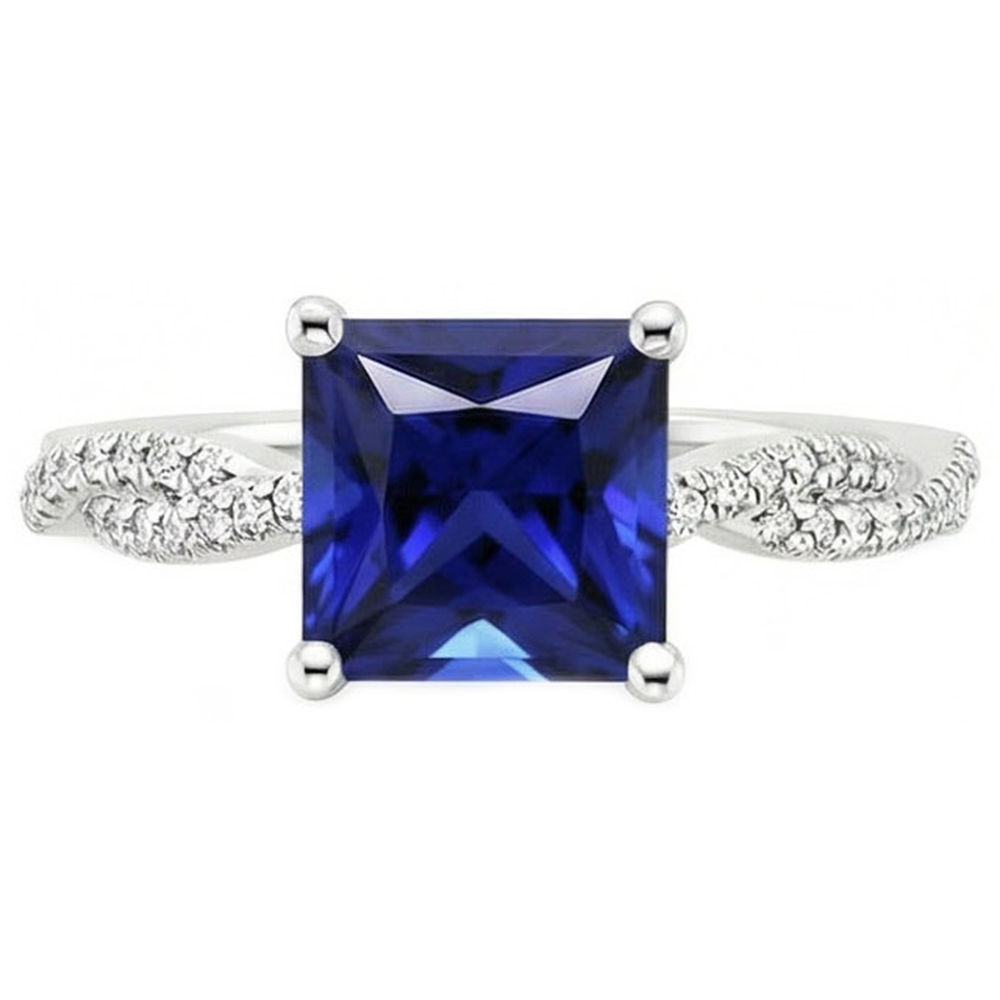 Princess Solitaire Accents Ring Ceylon Sapphire & Natural Earth Mined Diamonds 6 Carats