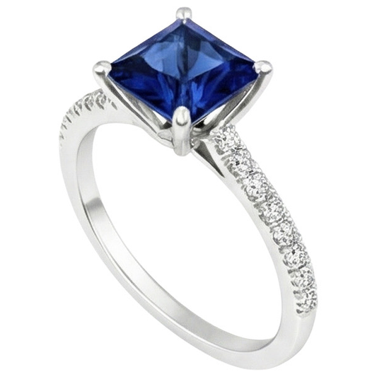 Princess Solitaire Ring 6 Carats Ceylon Sapphire With Pave Set Accents