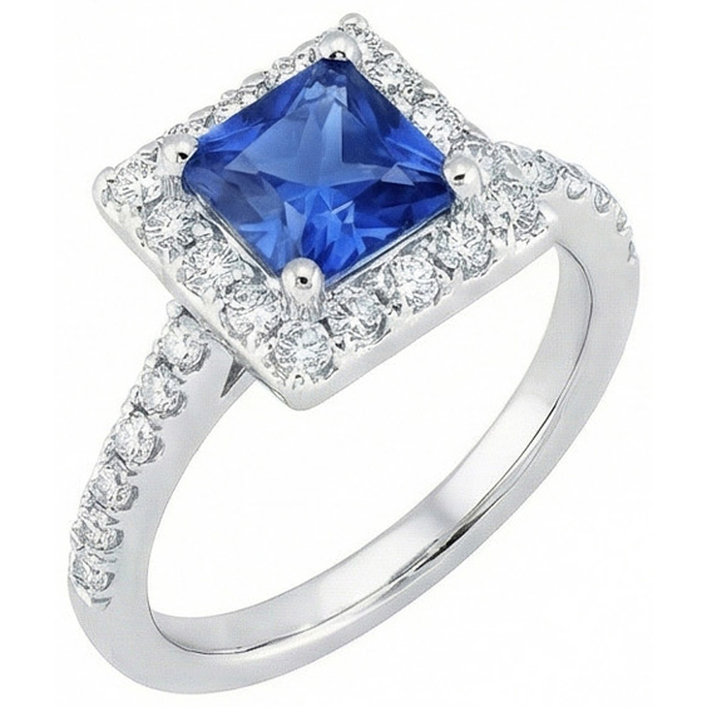 Princess Sri Lankan Sapphire Natural Earth Mined DIAMOND ( NOT LAB GROWN ) Ring 2.25 Carat White Gold 14K