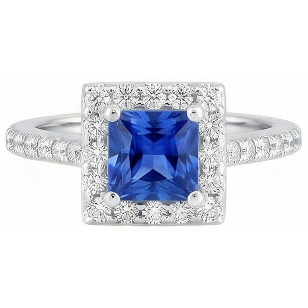 Princess Sri Lankan Sapphire Natural Earth Mined DIAMOND ( NOT LAB GROWN ) Ring 2.25 Carat White Gold 14K