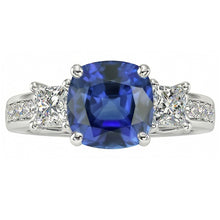Princess & Round Natural Earth Mined Diamond Ring Cushion Ceylon Sapphire 3 Carats Gold