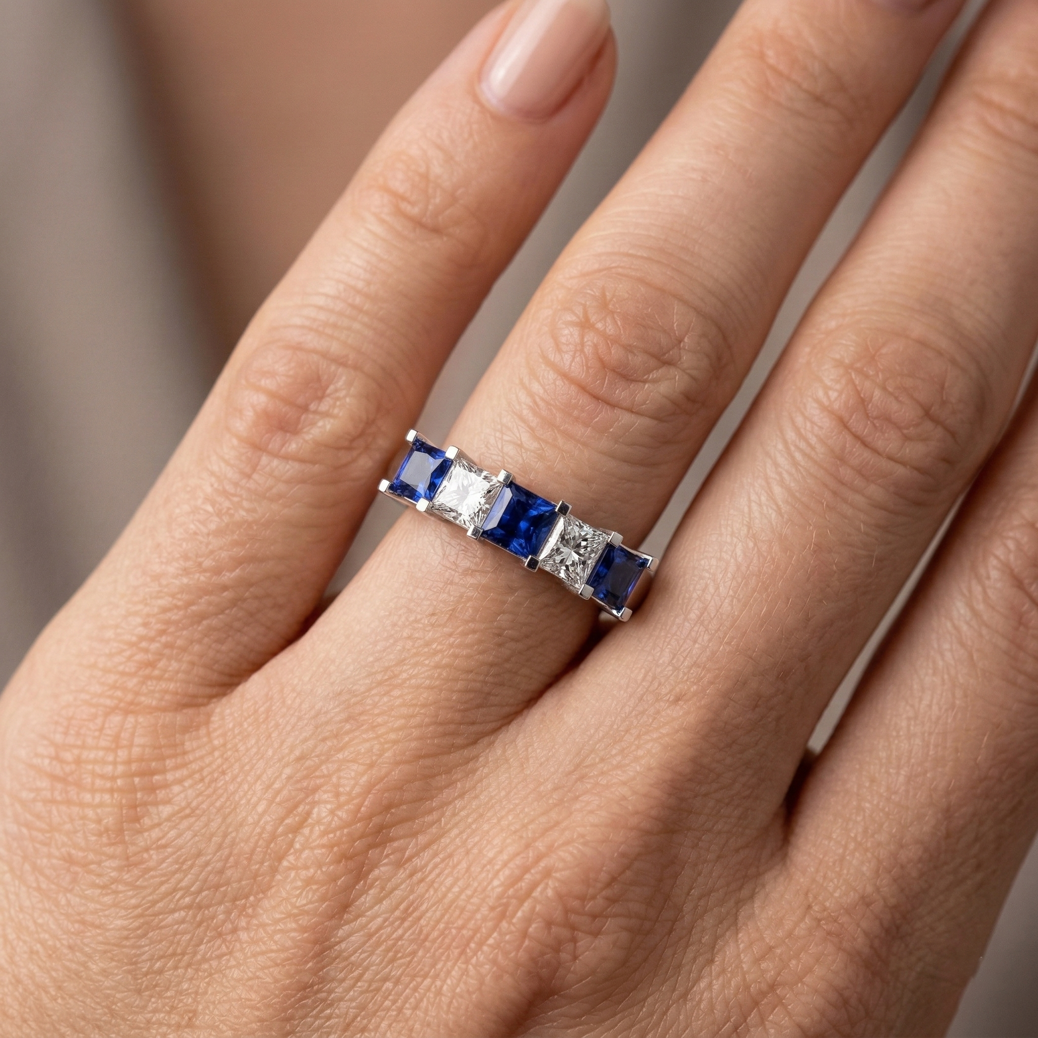 Princess Cut Ceylon Sapphire Natural Earth Mined DIAMOND ( NOT LAB GROWN )s 5 Stone Ring 1.75 Ct