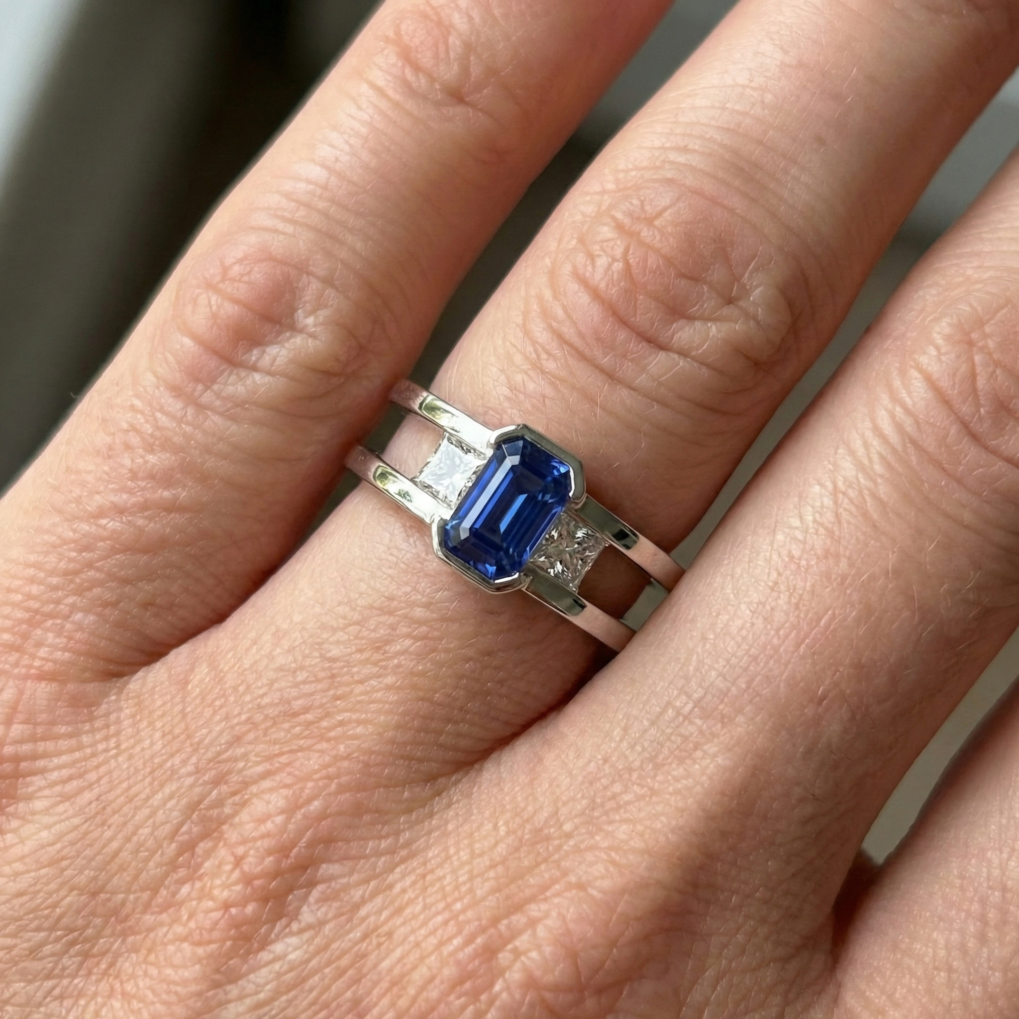 Princess Natural Earth Mined Diamond 3 Stone Emerald Sapphire Ring Split Shank 1.25 Carats
