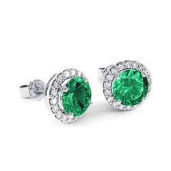 Prong Green Emerald With Diamonds 6.5 Carats Stud Earring White Gold 14K