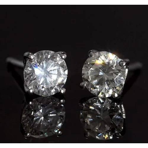 Prong Real Round Diamond Stud Earring 1.80 Carats White Gold 14K
