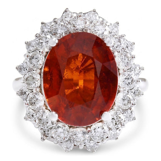 Prong Set 12.75 Ct Garnet And Natural Earth Mined Diamonds Engagement Ring White Gold 14K