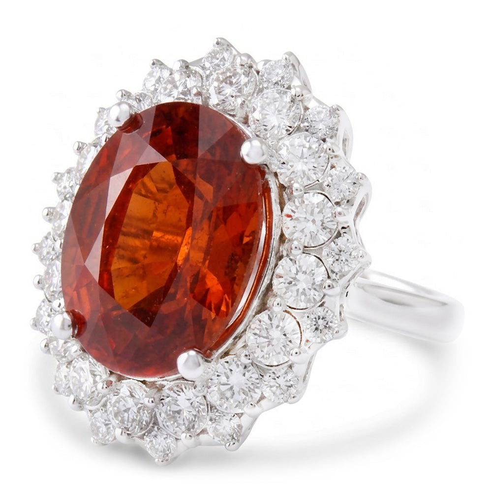 Prong Set 12.75 Ct Garnet And Natural Earth Mined Diamonds Engagement Ring White Gold 14K