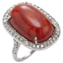 Prong Set 14 Carats Oval Red Coral With Round Natural Earth Mined Diamond Ring