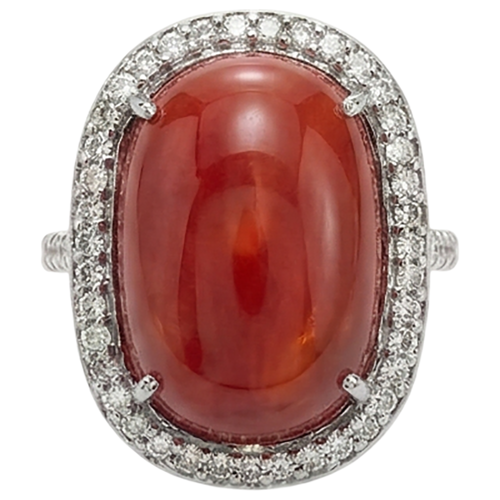 Prong Set 14 Carats Oval Red Coral With Round Natural Earth Mined Diamond Ring