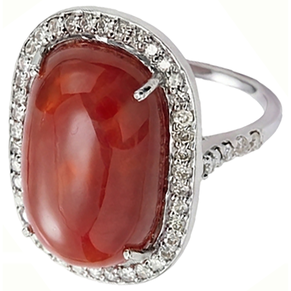 Prong Set 14 Carats Oval Red Coral With Round Natural Earth Mined Diamond Ring