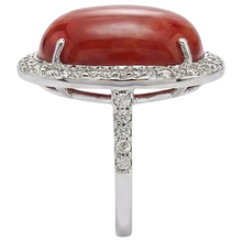 Prong Set 14 Carats Oval Red Coral With Round Natural Earth Mined Diamond Ring