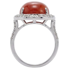 Prong Set 14 Carats Oval Red Coral With Round Natural Earth Mined Diamond Ring