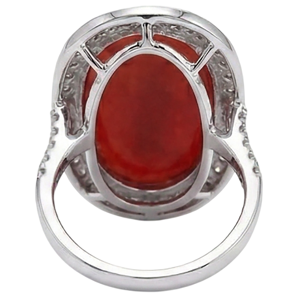 Prong Set 14 Carats Oval Red Coral With Round Natural Earth Mined Diamond Ring