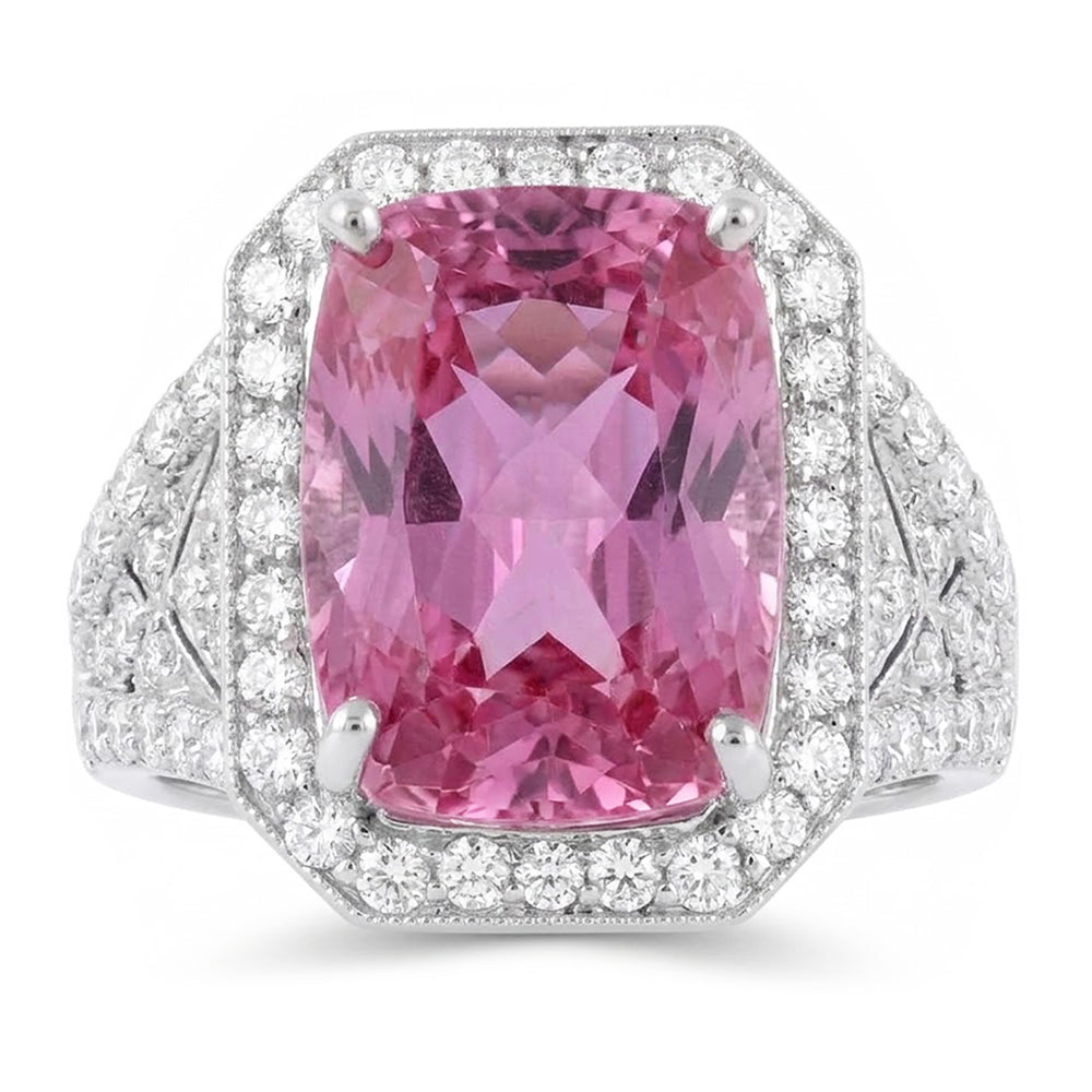 Prong Set 18.35 Carats Pink Kunzite With Natural Earth Mined Diamonds Ring White Gold