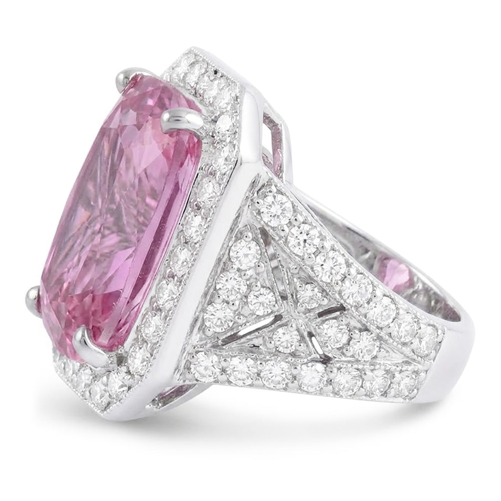 Prong Set 18.35 Carats Pink Kunzite With Natural Earth Mined Diamonds Ring White Gold
