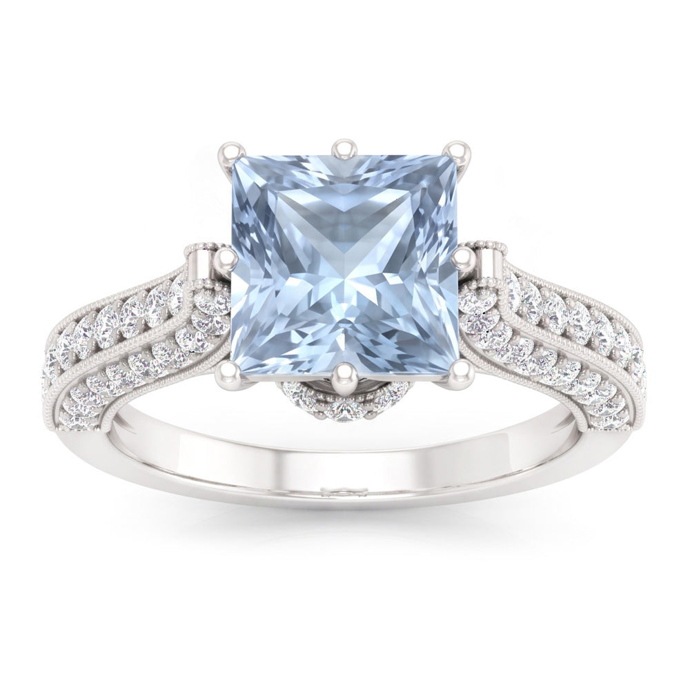 Prong Set 8.50 Carats Aquamarine With Natural Earth Mined Diamonds Ring White Gold 14K