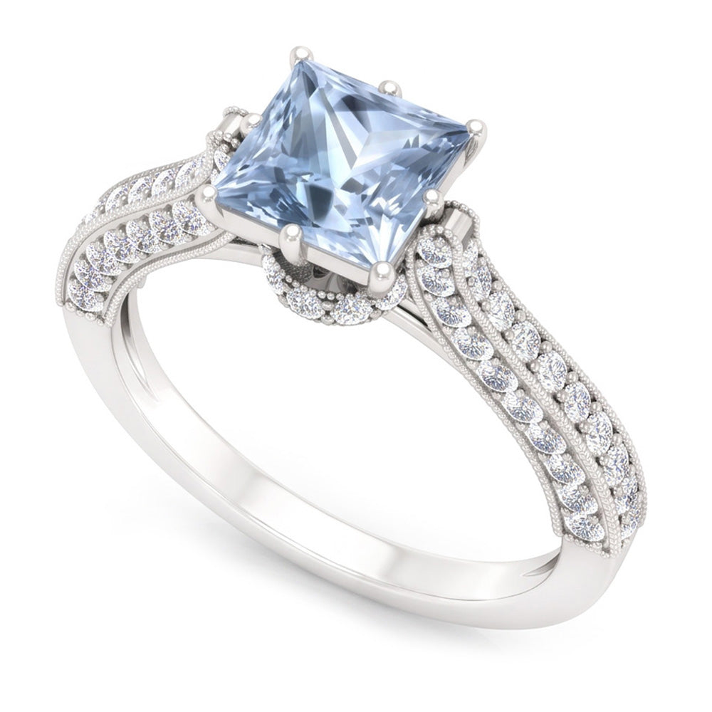 Prong Set 8.50 Carats Aquamarine With Natural Earth Mined Diamonds Ring White Gold 14K