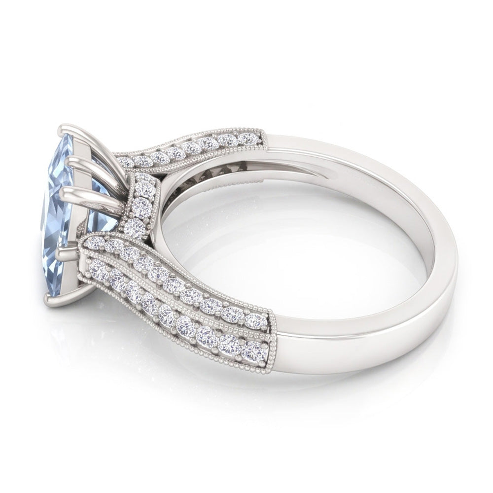 Prong Set 8.50 Carats Aquamarine With Natural Earth Mined Diamonds Ring White Gold 14K