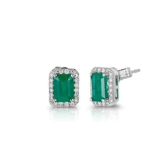 Prong Set 9 Carats Green Emerald With Diamond Stud Earrings White Gold 14K