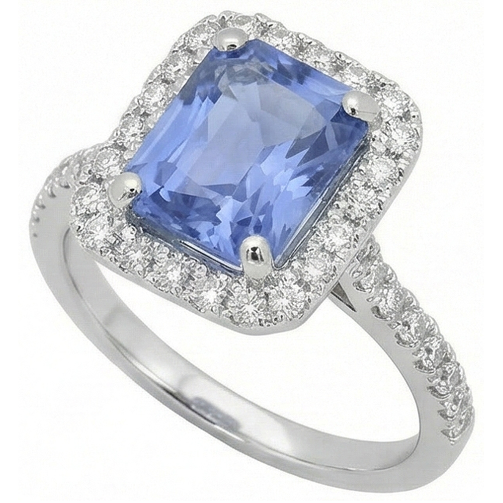 Prong Set Ceylon Sapphire With Natural Earth Mined Diamonds 4 Ct Ring White Gold 14K
