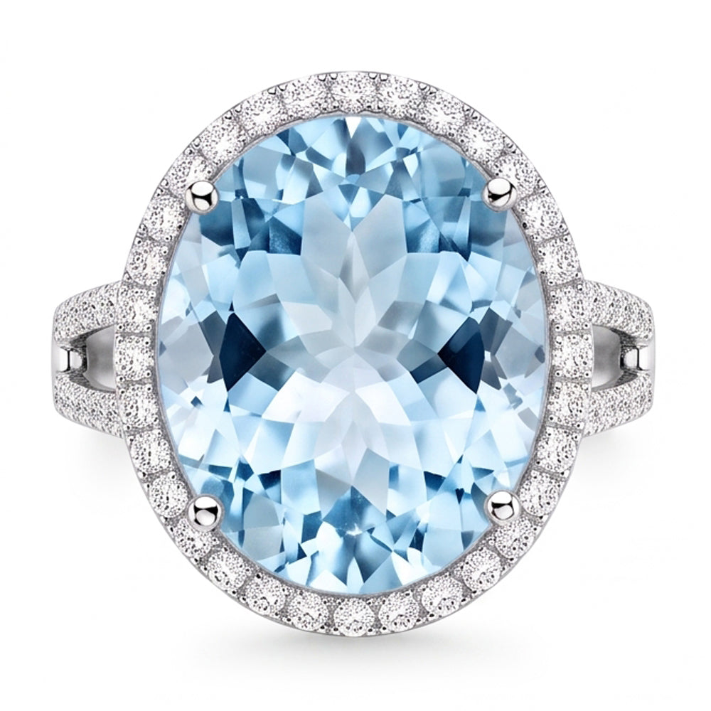 Prong Set Round Cut 12 Ct Aquamarine And Natural Earth Mined Diamonds Ring Gold White