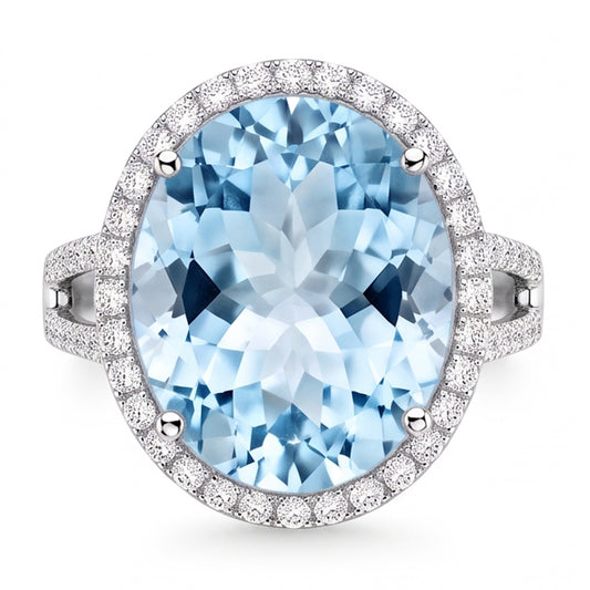 Prong Set Round Cut 12 Ct Aquamarine And Natural Earth Mined Diamonds Ring Gold White