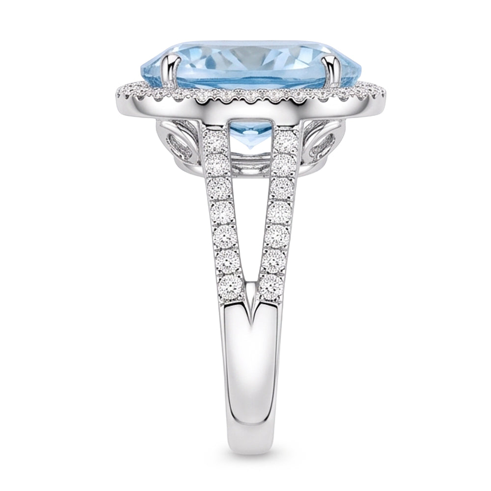 Prong Set Round Cut 12 Ct Aquamarine And Natural Earth Mined Diamonds Ring Gold White