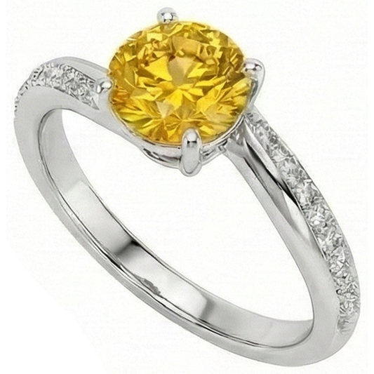Prong Set Round Cut 3.50 Ct Yellow Sapphire With Natural Earth Mined Diamonds Ring