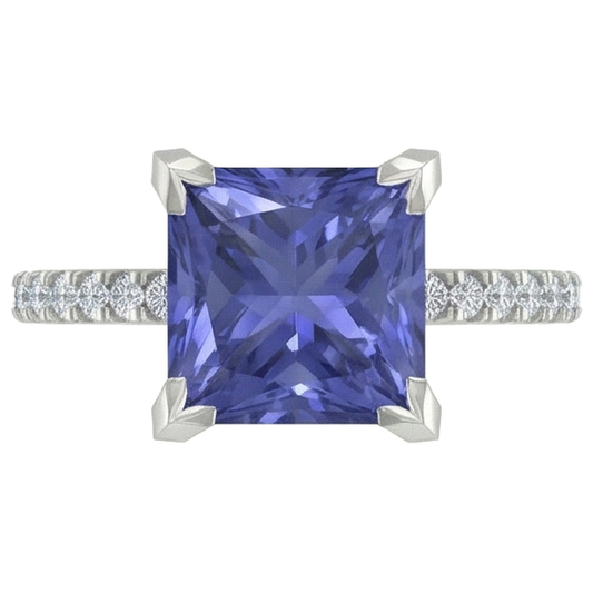 Prong Set Tanzanite And Natural Earth Mined Diamonds 3.80 Carats Ring White Gold 14K