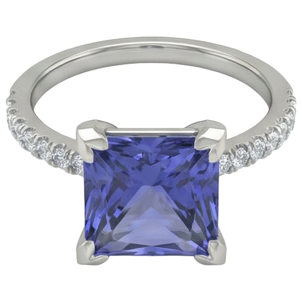 Prong Set Tanzanite And Natural Earth Mined Diamonds 3.80 Carats Ring White Gold 14K