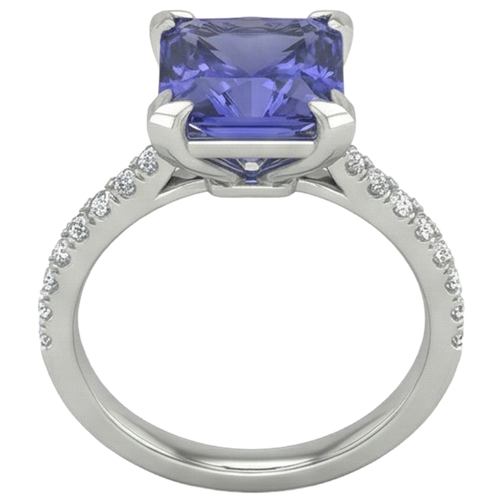 Prong Set Tanzanite And Natural Earth Mined Diamonds 3.80 Carats Ring White Gold 14K