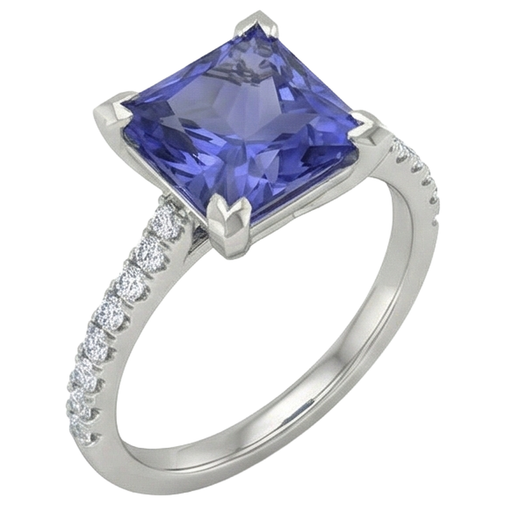 Prong Set Tanzanite And Natural Earth Mined Diamonds 3.80 Carats Ring White Gold 14K
